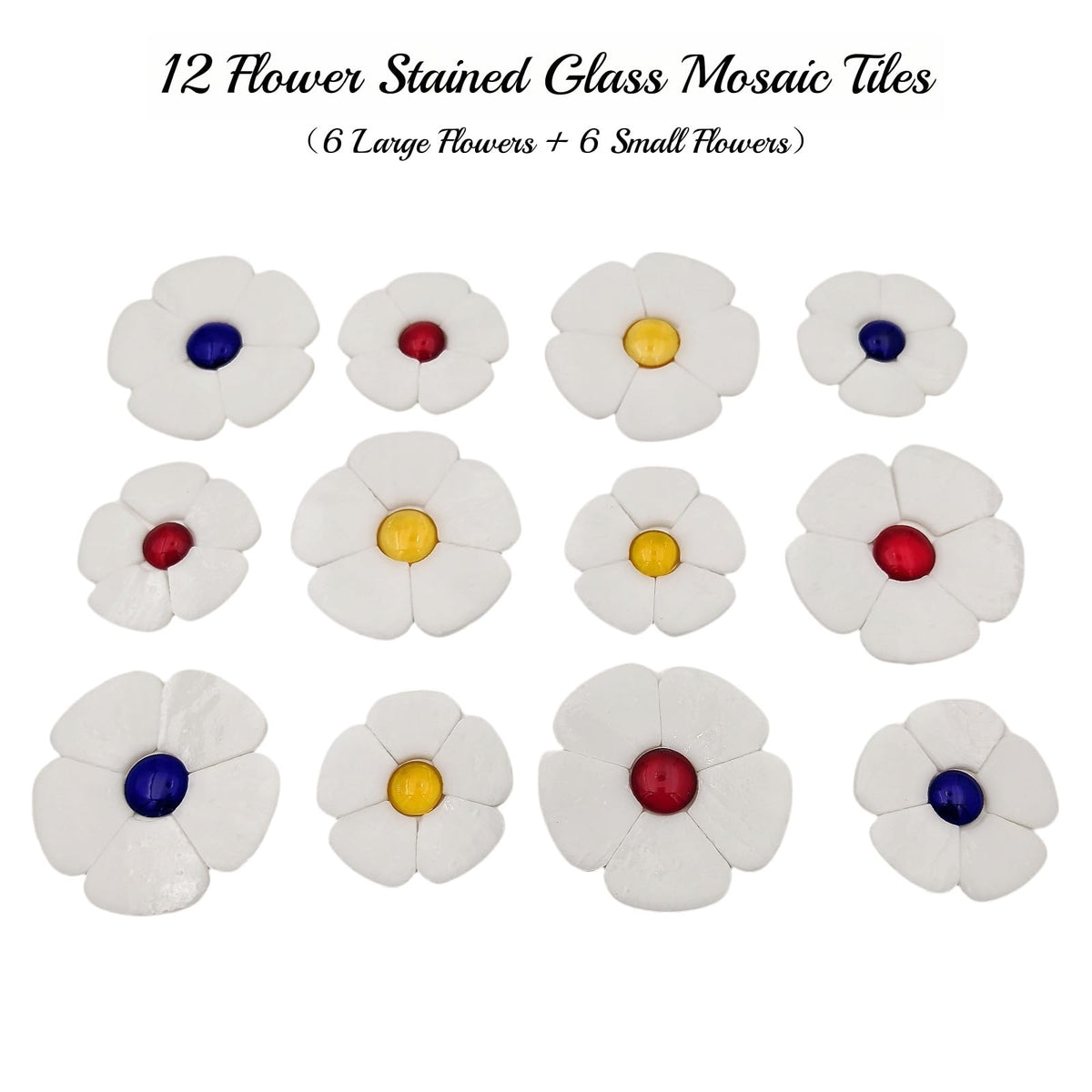 Esweny 12 Flower Stained Glass Mosaic Tiles - 2 Size Floral Petals & Flat Bead Mosaic Glass Pieces for DIY Art Crafts (White)