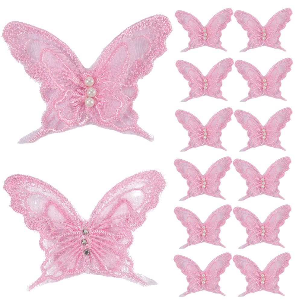 CABODYALS 1 Box 30PCS Light Pink Butterfly Lace Applique Butterflies Repair Patches Sew Embroidery Organza Faux Pearl Beaded Polyester Appliques for Sewing Making Clothes Wedding DIY Craft Supply