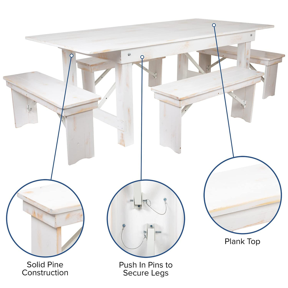 Flash Furniture HERCULES Series 7' x 40" Antique Rustic White Folding Farm Table and Four Bench Set