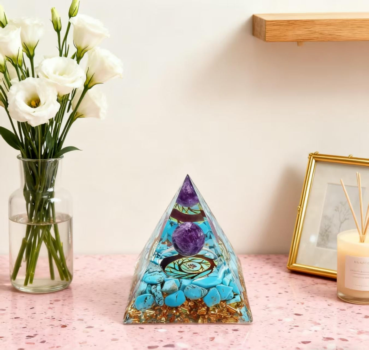 ycyingcheng Moonstone Crystal Orgone Pyramid Ogan Crystal Energy Tower, Nature Reiki Chakra Crushed Stone Jewelry, Crystal Pyramid for Home Decor (Turquoise+Amethyst Ball)