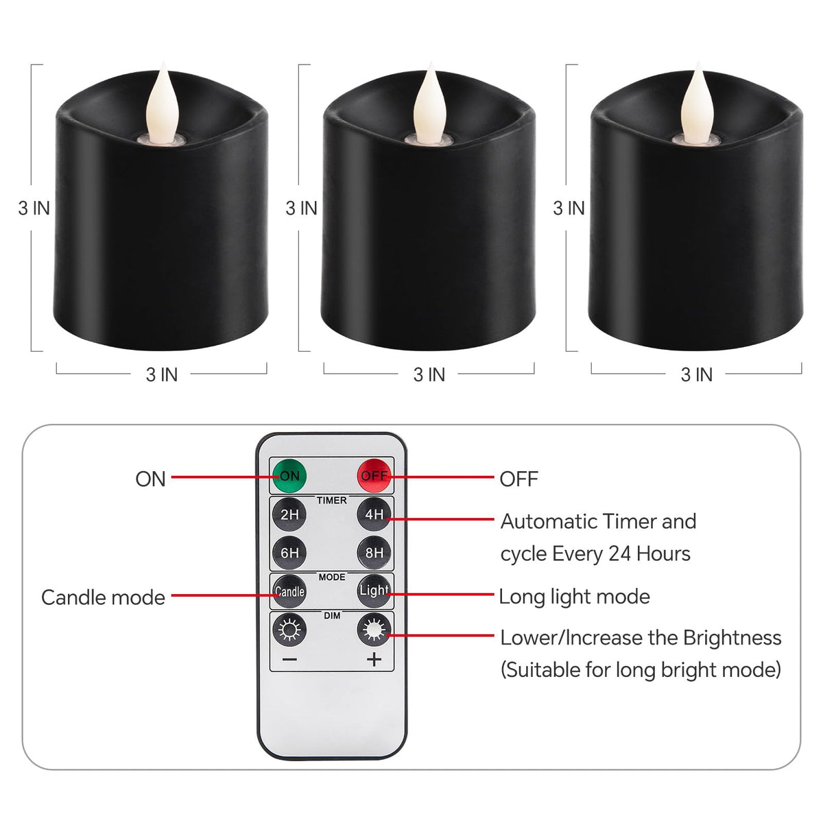 milysoek 3x3 Flickering Flameless Candles Set of 3, LED Battery Candles Flickering,with Timer, 3 inch Flameless Candles with Remote,Battery Operated Candles, Holiday Home Decor for,Black