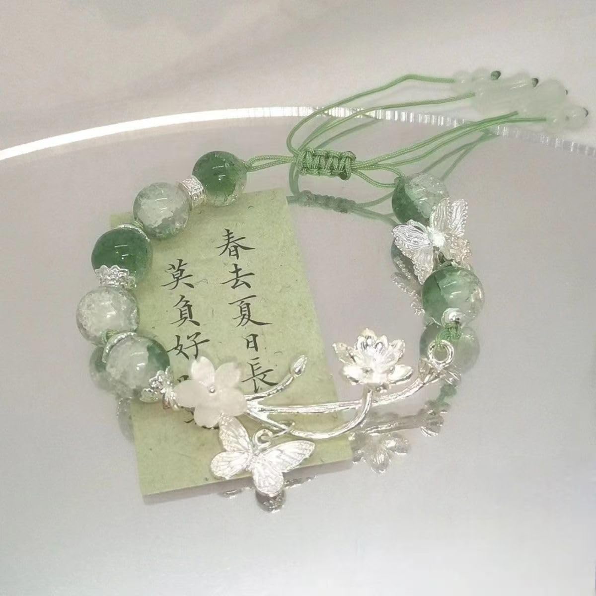 PLwelth Green Crystal Beaded Bracelets for Women Cute Butterfly Flower Pendant Bracelet Adjustable Imitation Jade Bracelet Handmade Healing Beaded Bracelet Friendship Jewelry Birthday Christmas Gifts