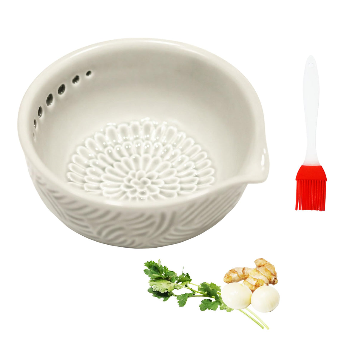 RIJATRAGAR Handmade Ceramic Garlic Grater Plate, 2-In-1 Herb Stripper Bowl With 7 Hole Sizes
