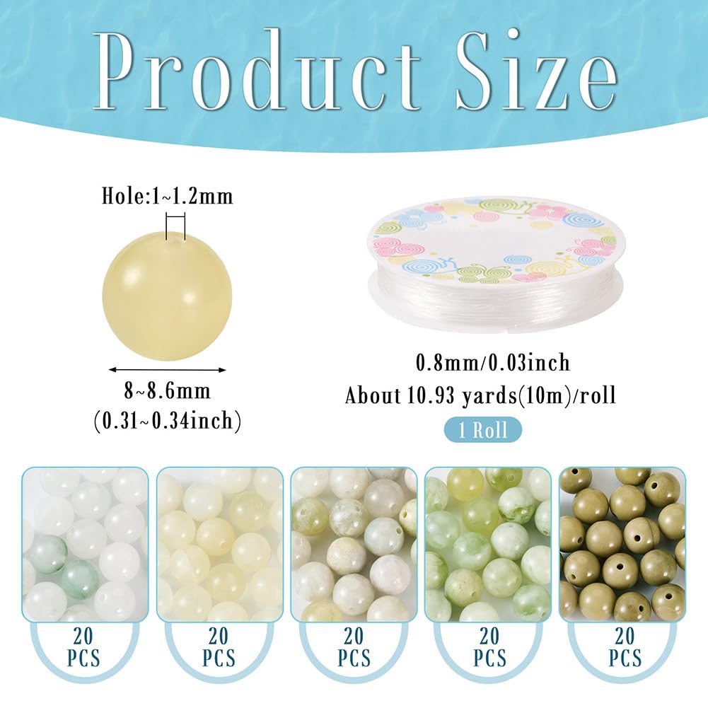 FASHEWELRY Stone Bracelet Making Kit 100pcs 8mm Mixed Gemtone Round Beads Green Crystal Loose Beads with Elastic String for DIY Necklace Earrings Jewelry Making