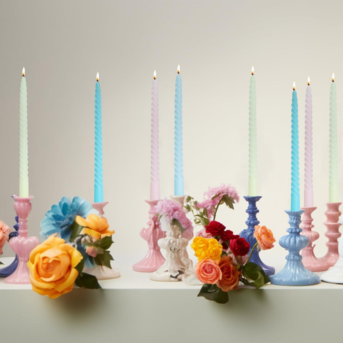 MAITREYA Olive Spiral Taper Candles - Conical Stick Handmade Twisted Candles, Set of 4 for Decoration, Weddings, Party, Church - Unscented, Dripless, 7.5 inch