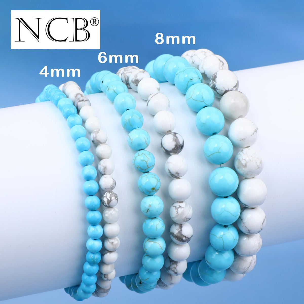 NCB 2-Piece 4mm Natural Crystal Gemstone Stretch Bracelets – ﻿Blue Turquoise, Howlite Handmade Reiki Energy Healing Jewelry for Meditation,Yoga, Unisex
