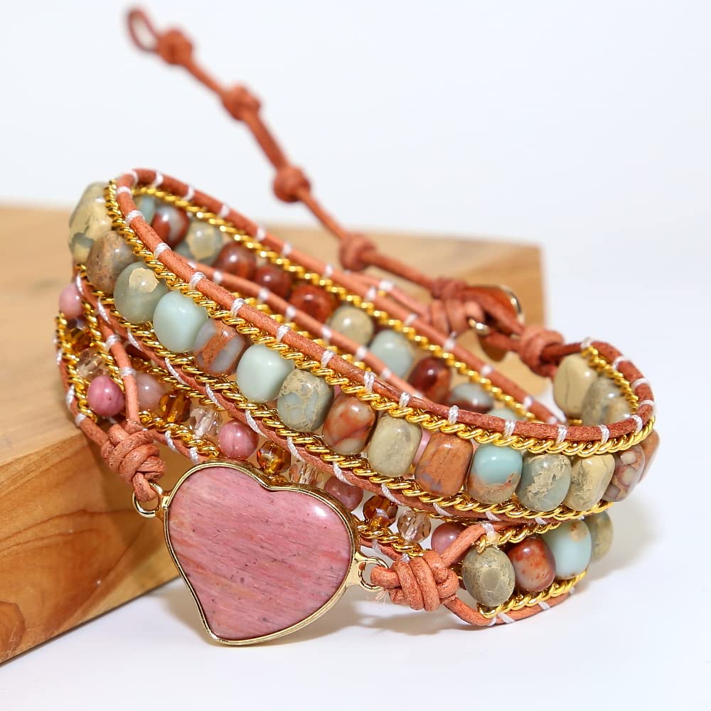 ZOSOJONA Women Wrap Bracelet Boho Natural Jasper Crystal Stone Beads Strand Bracelets (Rhodochrosite)