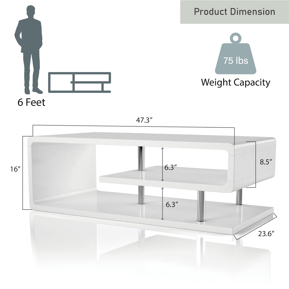 24/7 Shop At Home Vannie 47” Modern Rectangle Coffee Table, Contemporary Furniture, G-Shaped Open Shelf Storage For Living Room, Home Office, Bedroom, Gloss Coating, Round Edge, White