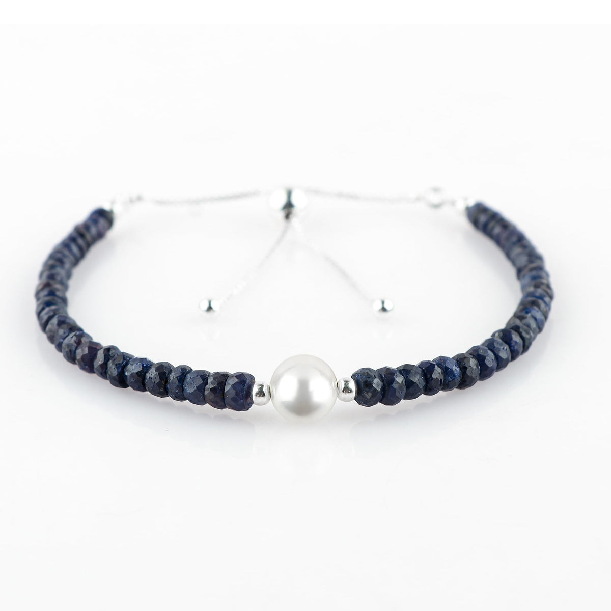 CRYSTALINES Genuine Blue Sapphire Color Curundum Gemstones Beads Bolo Bracelet with Pearl, Handmade Bracelet, Healing Crystals, Silver Jewelry, Adjustable Chain, Gift for Women, 10inch