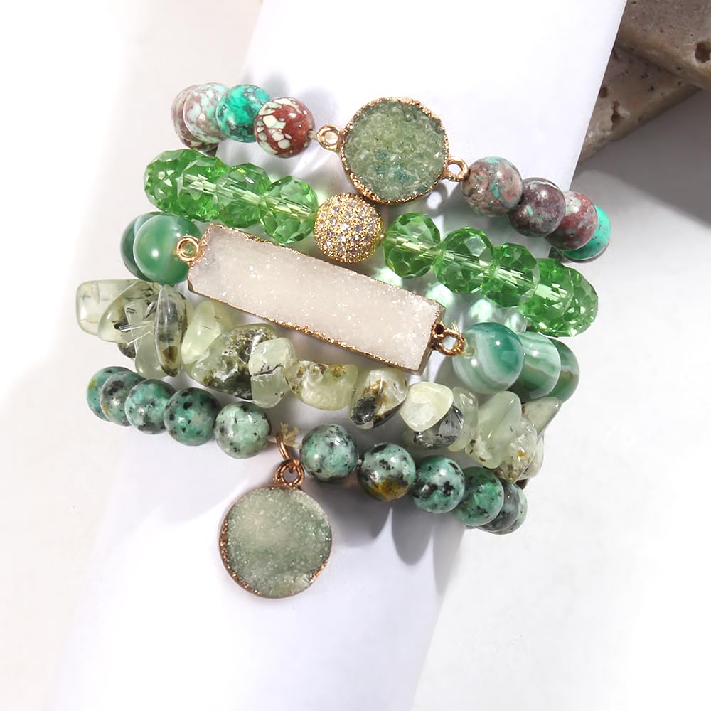 Yomisa 5PCS Natural Boho Beaded Bracelets for Women Men,Healing Turquoise Jasper Agate Crystal Gemstone Stone Diamond Chakra Multilayer Wrap Bohemian Handmade Jewelry Beads Stretch Bracelet Set