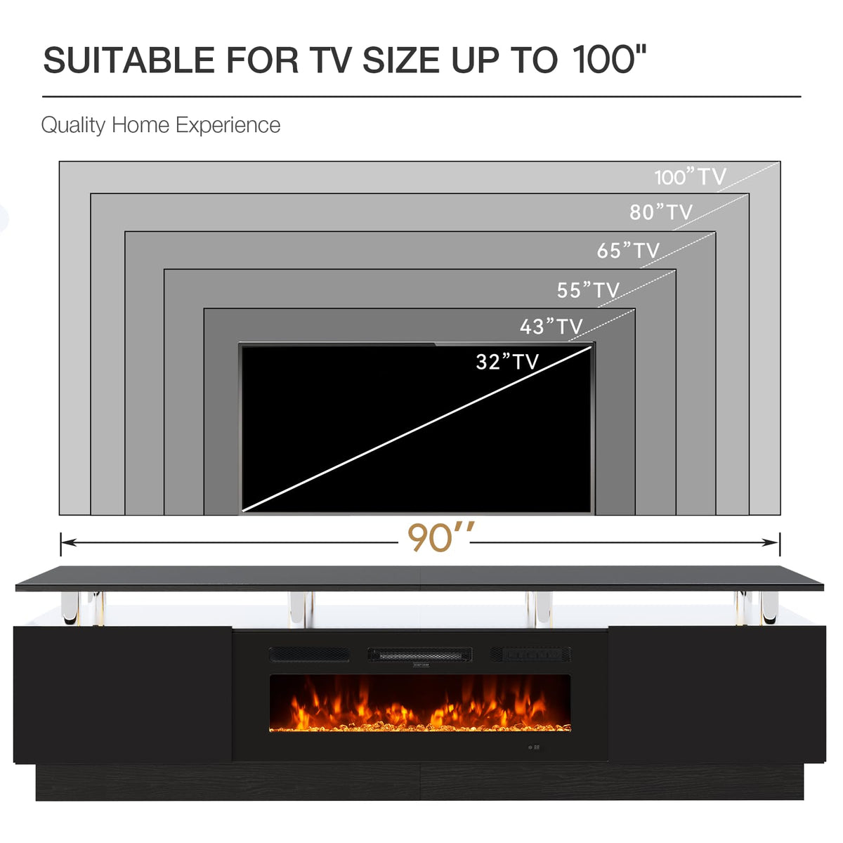OneBlis 90" TV Stand for Living Room, Large Entertainment Center & Media Console, Fits TVs up to 100", Storage Cabinet with Shelves, 50" Electric Fireplace