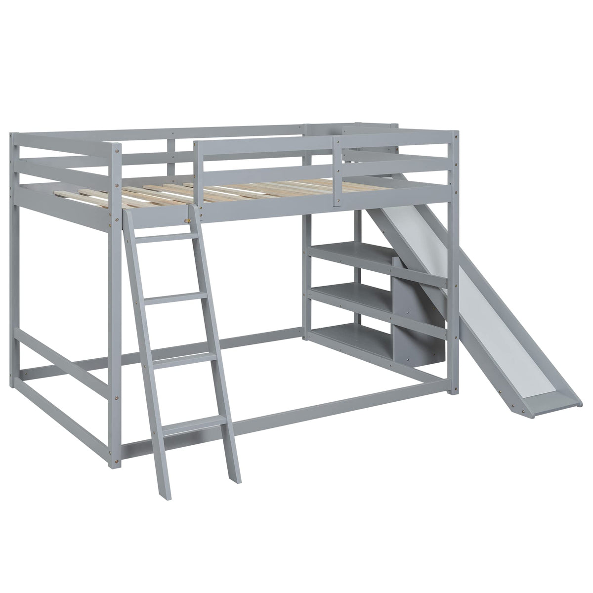 Merax Modern Full Over Full Wood Bunk Bed with Ladders and Slide, Floor Bunk Bed Frame with Storage Shelves, No Box Spring Needed, Space-Saving Grey