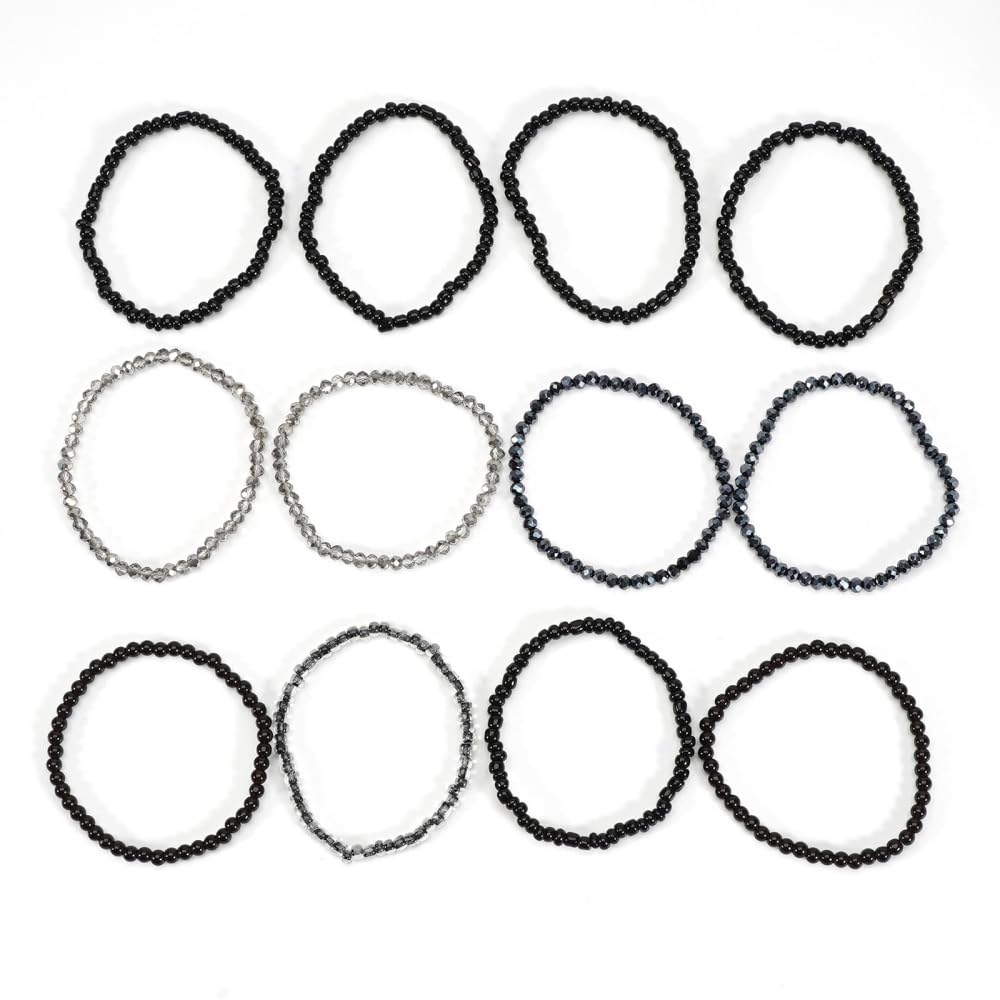 12Pcs Bohemia Multilayer Resin Seed Beaded Stackable Bracelets Colorful Crystal Glass Beads Stretch Bracelet BFF Friendship Elastic Wristbands for Women Men Summer Beach Boho Vacation Jewelry-Black