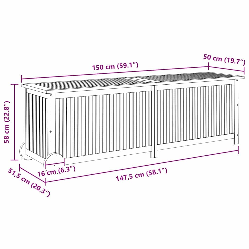 RCODSSK Solid Wood Acacia Patio Storage Box with Wheels, 59.1x19.7x22.8 Inch Outdoor Cushion Box for Garden Furniture and Toys
