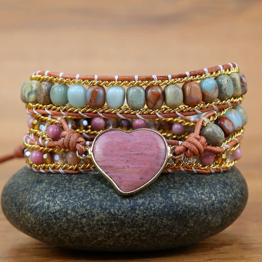 ZOSOJONA Women Wrap Bracelet Boho Natural Jasper Crystal Stone Beads Strand Bracelets (Rhodochrosite)