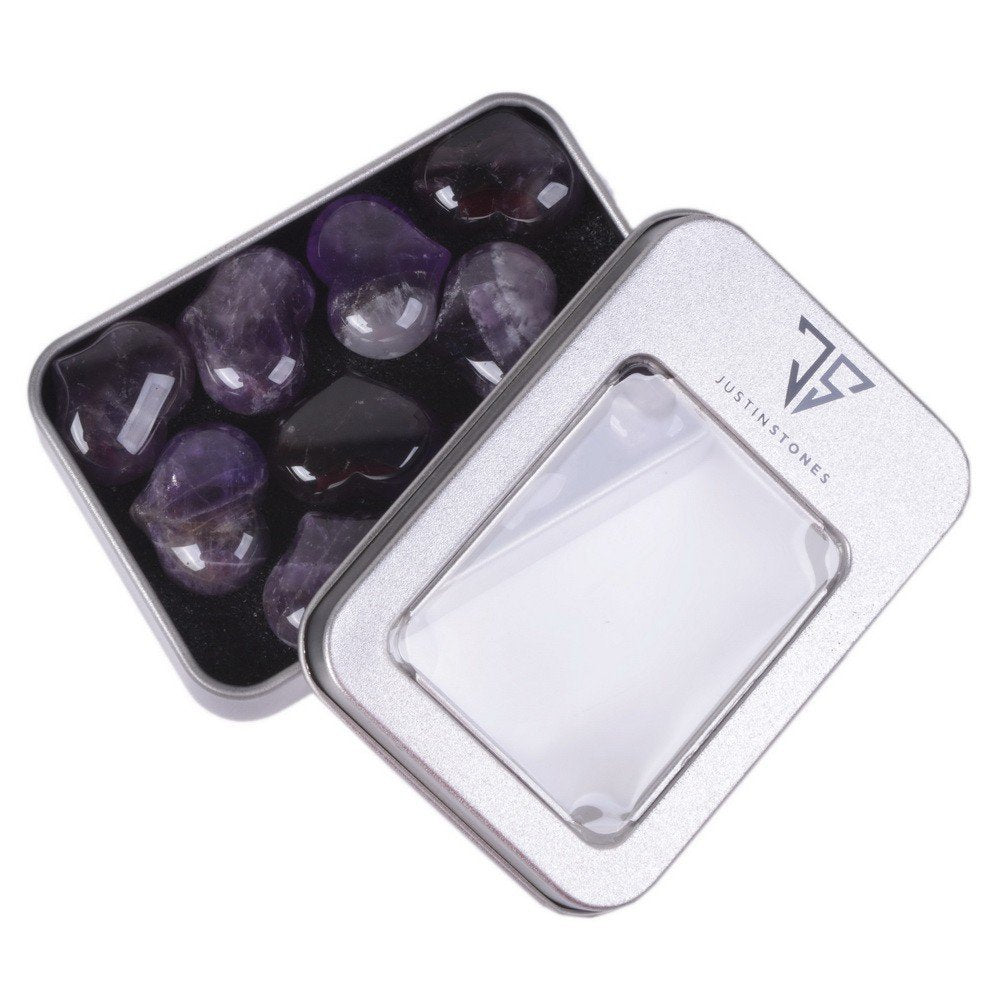 Natural Amethyst Gemstone Healing Crystal 1 inch Mini Puffy Heart Pocket Stone Iron Gift Box (Pack of 10)