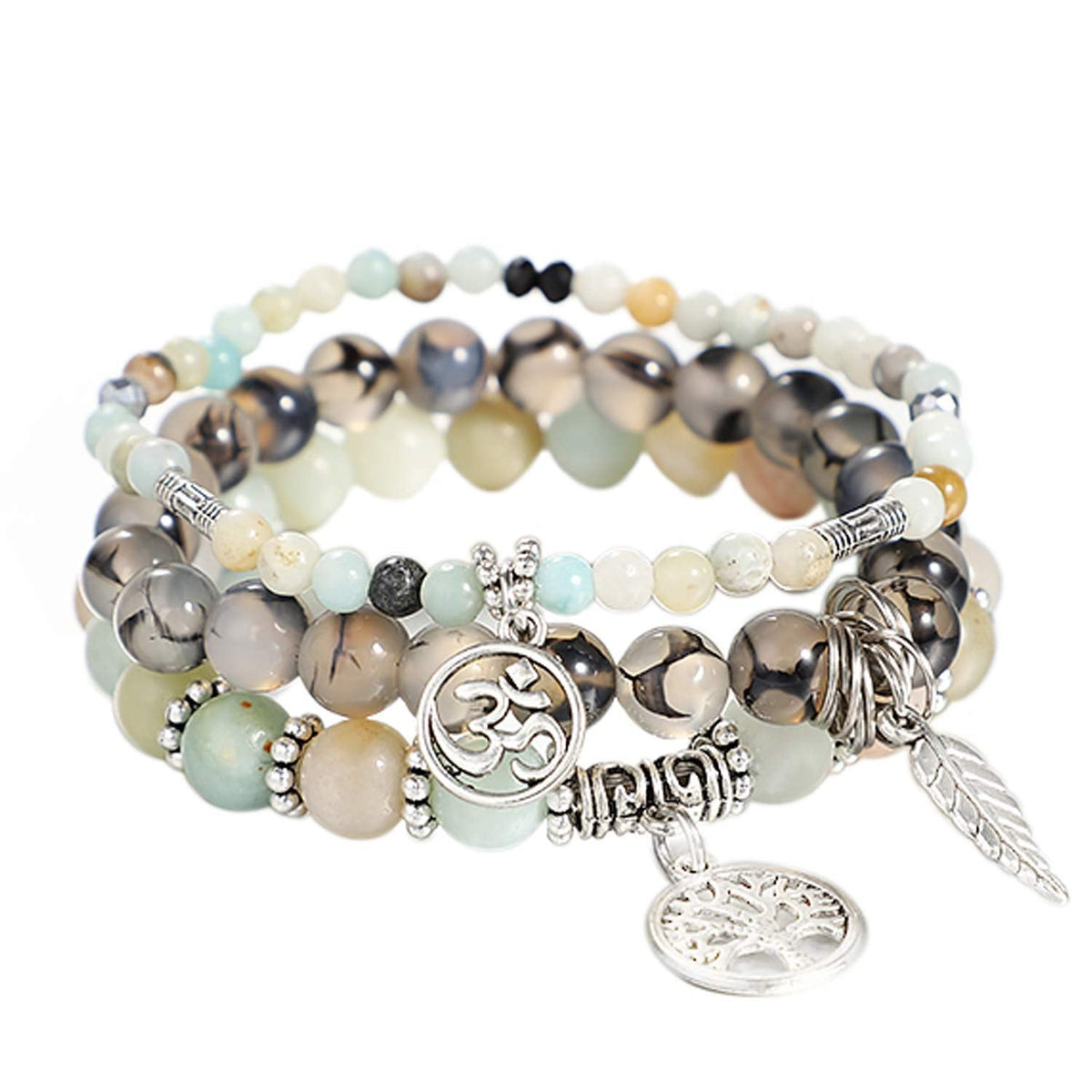 UEUC Tree of Life Yoga Leaf Jasper & Tibetan Agate Gemstone Bracelet, Multi-Layer Natural Stone Healing Chakra Beaded Bracelet, Energy Balance Friendship Bracelet Set