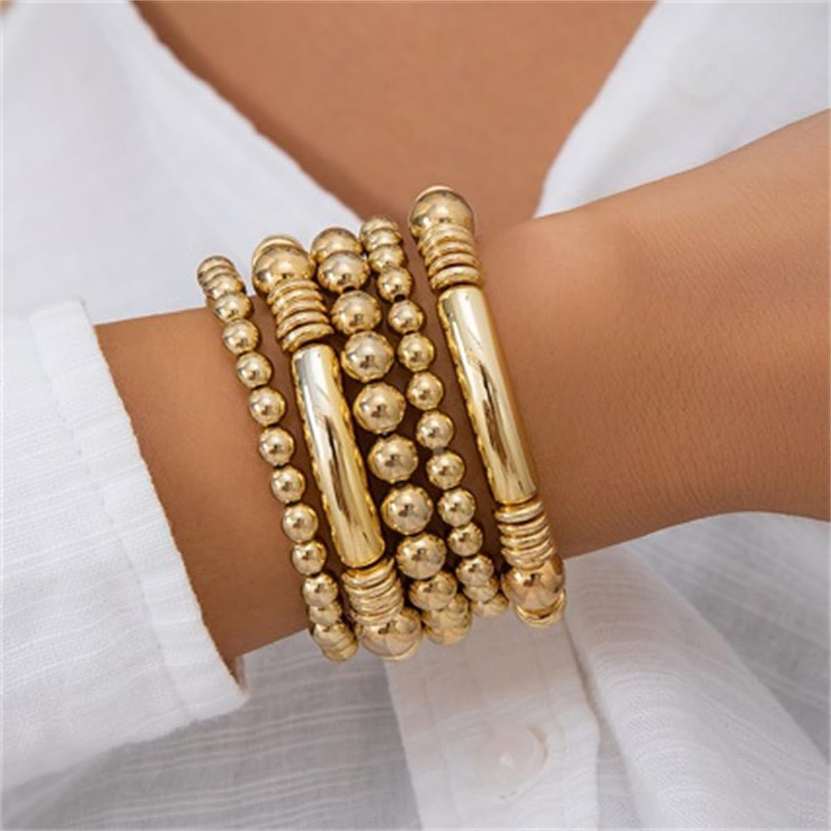 LXSSLY 5Pcs Gold Bangles Bracelets Set for Women,14K Gold Plated Stackable Bead Ball Bracelets Set,Adjustable Bead Bracelets,Boho Stretch Bead Ball Bracelet for Women, 7 in