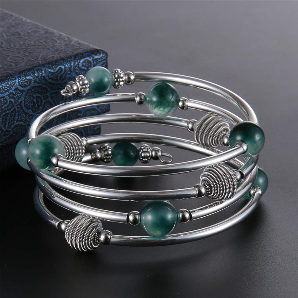 PEARL&CLUB Beaded Chakra Bangle Turquoise Bracelet - Fashion Jewelry Wrap Bracelet with Thick Silver Metal and Mala Beads, Birthday Gifts For Women(63-Jade Green)
