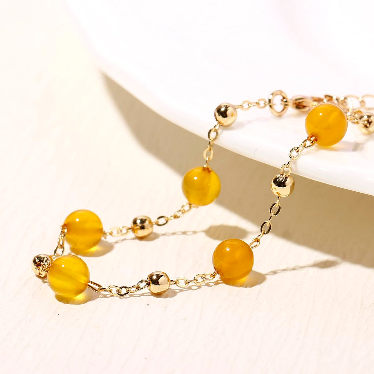 Xfoxstal 14K Gold Plated Chain Bracelets for Women Crystals and Stones Bracelets Jewelry Adjustable (Yellow Agate)