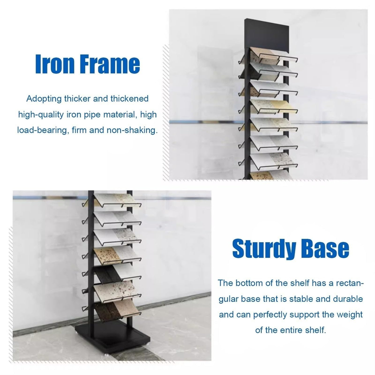 DFTWJMA Commercial Floor Tiles Sample Rack with Double-Side Shelf, Heavy Duty Retail Display Stand for Wooden Boards/Door Templates, Large Capacity & Space Saving,9x15.7x66.9in/23x40x170cm