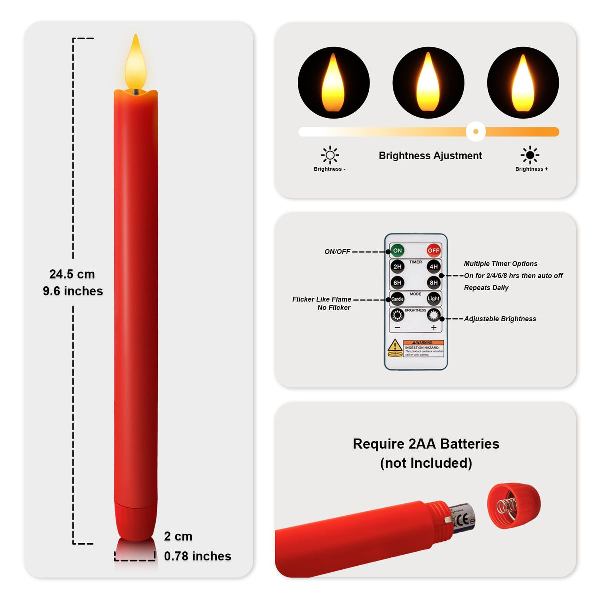 Meigic 6 Pcs Flameless Taper Candles with Remote Timer Dimmer, Red Plastic Led Taper Candles Flickering, 9.6 Inches Battery Operated Candlesticks, for Party Holiday Christmas Decor