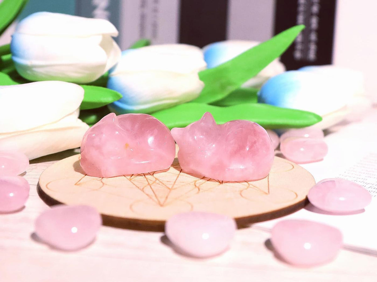 QINJIEJIE Rose Quartz Cat Decor Pink Gift Crystals Sleeping Cat Statue Stone Figurine Polished Gemstones Decors Office Room Home Desk Healing Valentines Decors for Women Cats Decor