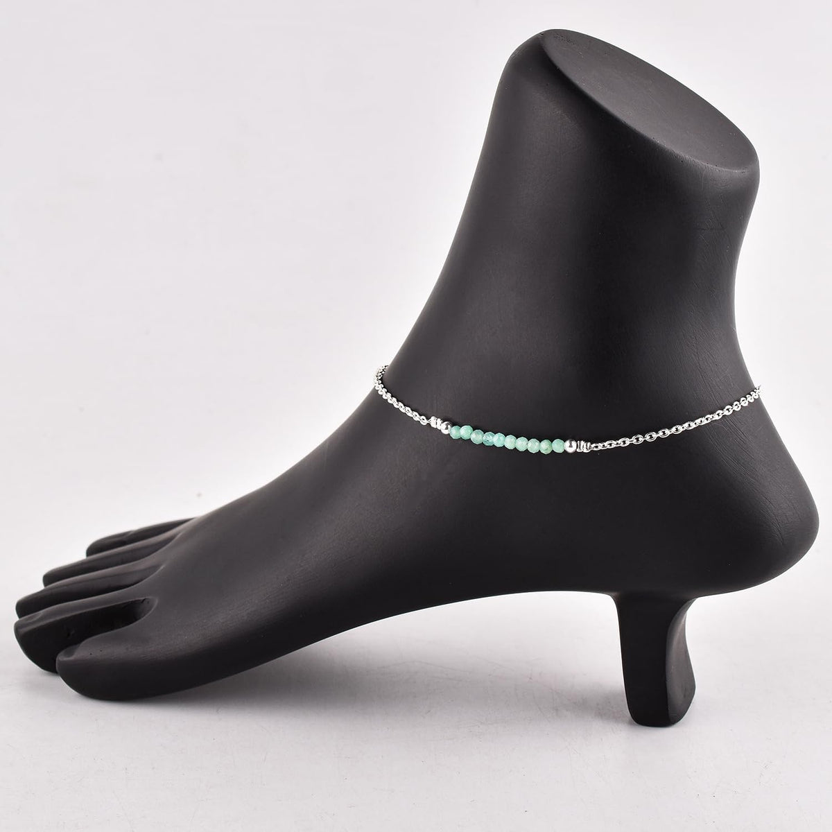 YANARA Emerald Ankle Bracelets for Women, Waterproof Anklets For Women, Natural May Birthstone Green Beaded Dainty Boho Summer Beach Jewelry, 9”+1.25” Adjustable Silver Plated Chain, Non Tarnish Foot Jewelry