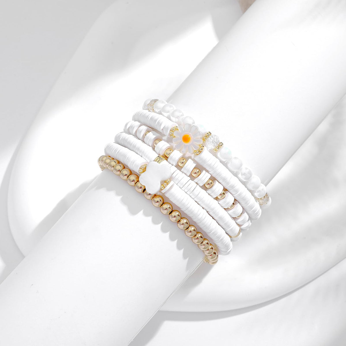 GOOJIDS White Surfer Heishi Clay Bead Bracelets for Women Bohemian Stackable Gold Beaded Stretch Bracelets Elastic Layering Friendship Bracelets Set Boho Jewelry