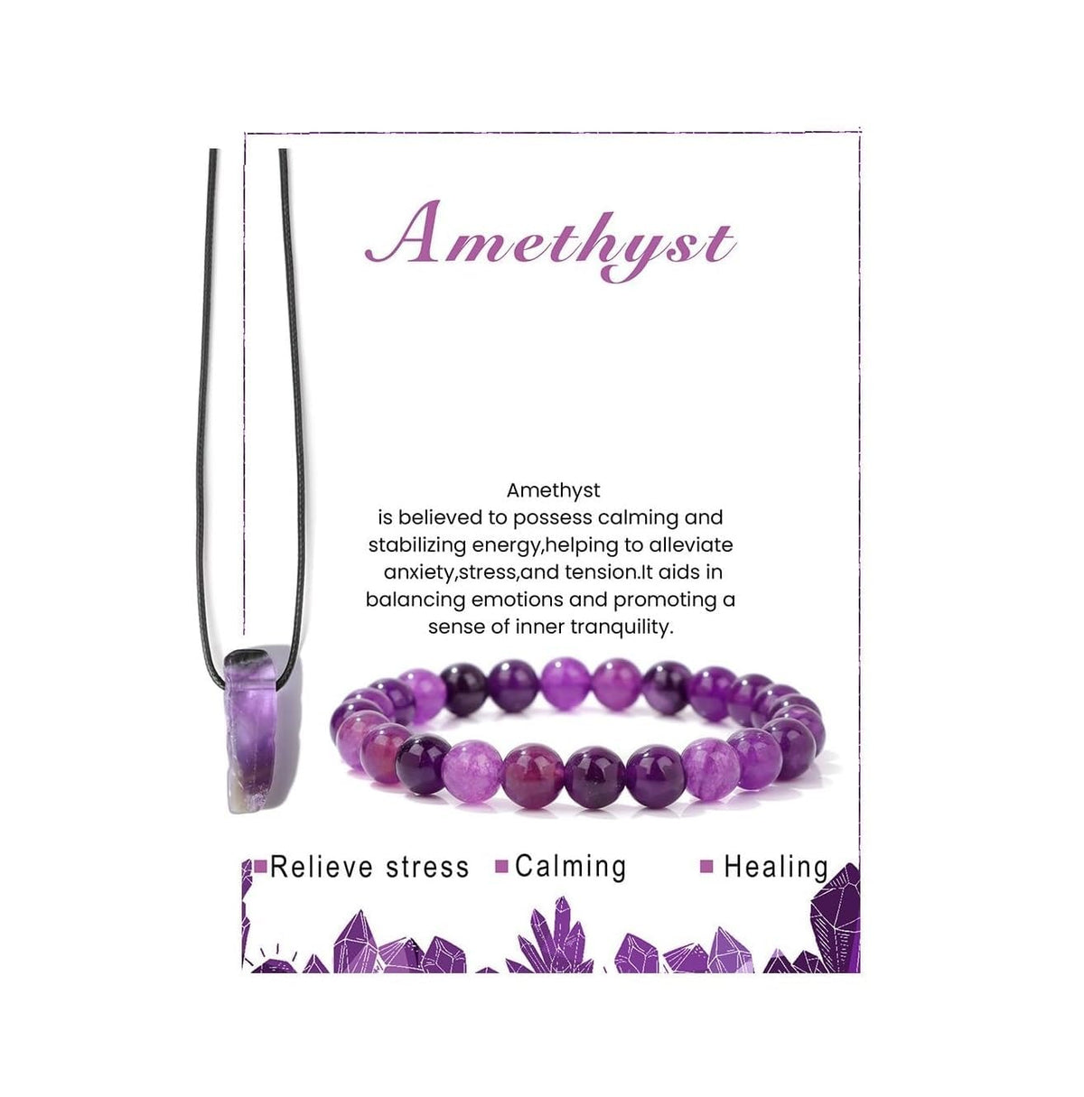 Pingyongchang Calming Yoga Bracelets Necklace Set, Crystal Stone Mantra Bracelets for Women, Natural Crystal Stone Birthday Gifts, Black Leather Necklace for Men-Amethyst