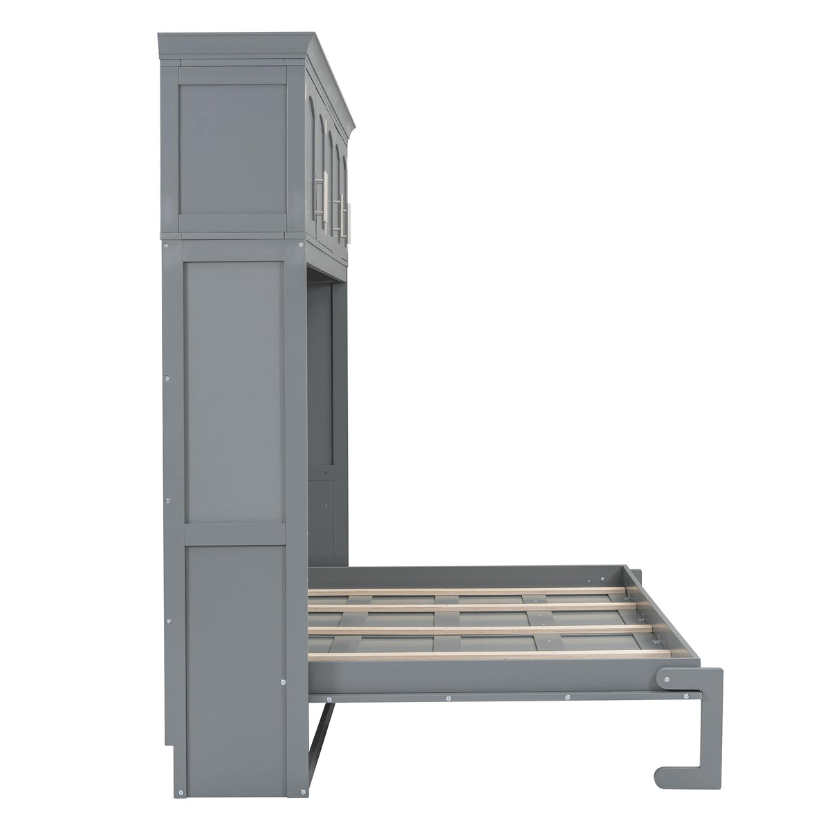 Merax Modern Farmhouse Solid Wood Murphy Cabinet Bed with Top Cabinets, Tall Wall Platform Bed No Box Spring Needed/Easy Assemble Queen,Gray