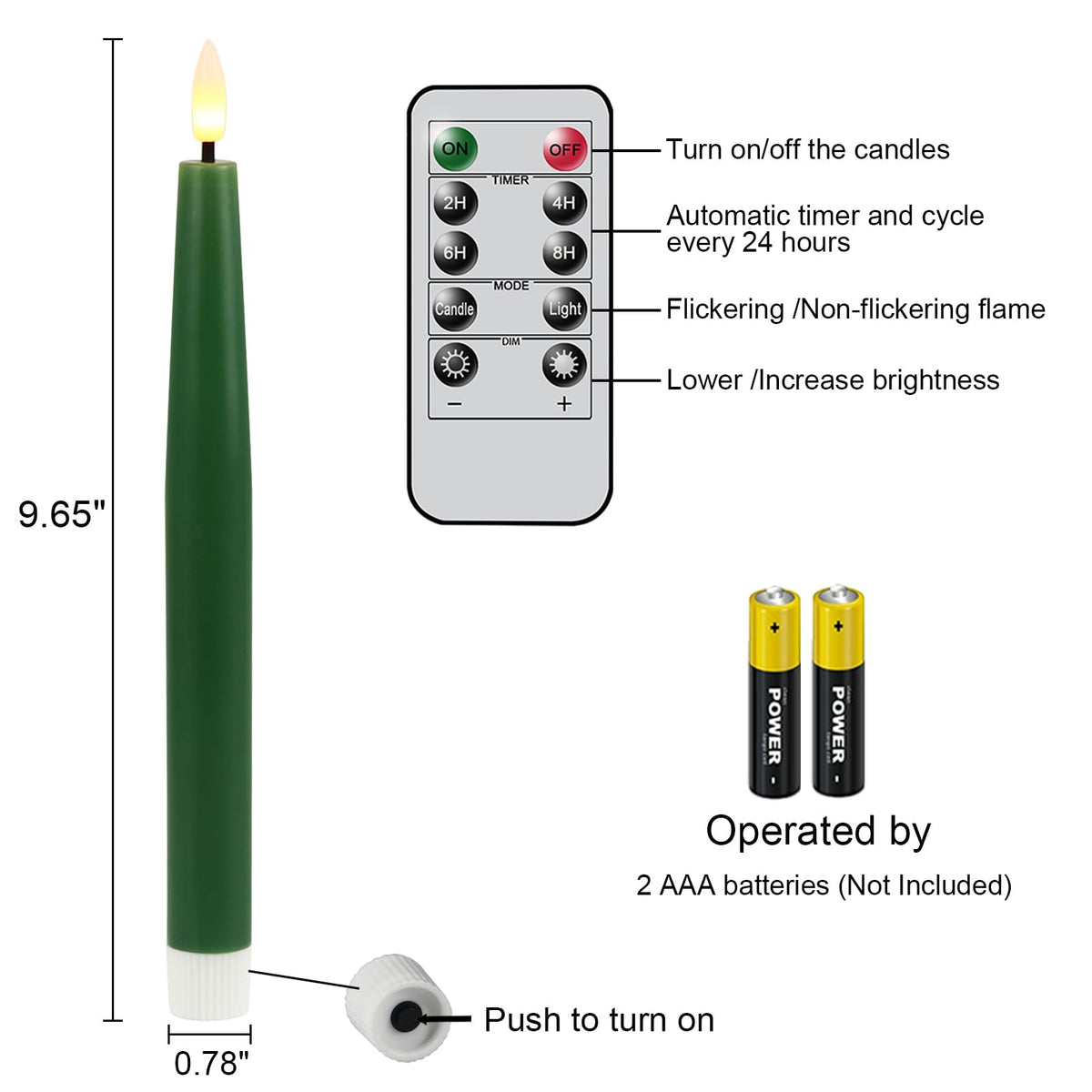 GenSwin Flameless Taper Candles with Remote Timer, Real Wax LED Flickering Candlesticks Battery Operated 3D Wick for Wedding, Party, Home(Christmas Green, 9.84", Set of 2)