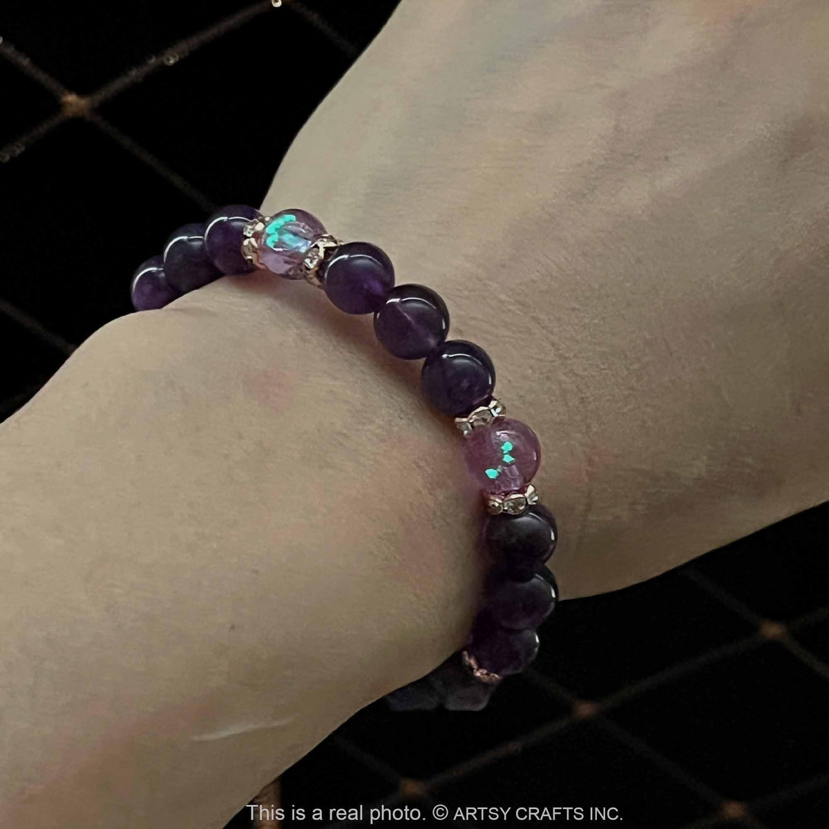 ARTSY Crafts Amethyst + Glow in The Dark Firefly Beads Bracelet, Handmade in USA, Luminous Murano Glass Beads Jewelry Mermaid Crystals (Amethyst - Slider)