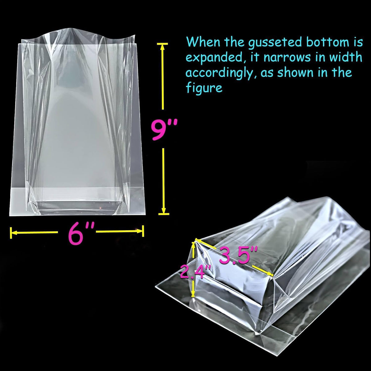 PigPotParty Cellophane Treat Bags 6x9 Inch, 100 Pack Clear Goodie Bags with Bottom Gusset for Stand-Up Display, Small Plastic Gift Wrap for Cookies, Candy, Party Favors, Popcorn, Includes 100 Ties