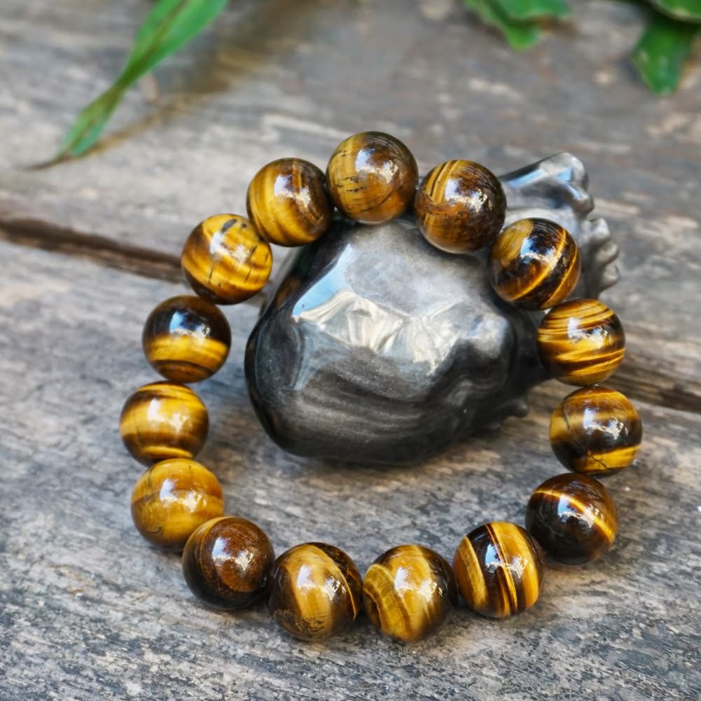 TaHLga Tigers Eye Mens Bracelet 16MM with Golden Brown Cats Eye | Fits for About 8" XLarge Wrist | Natural Solar Plexus Chakra Gemstones | Bring Luck Wealth Courage | Protection from Evil | Gift