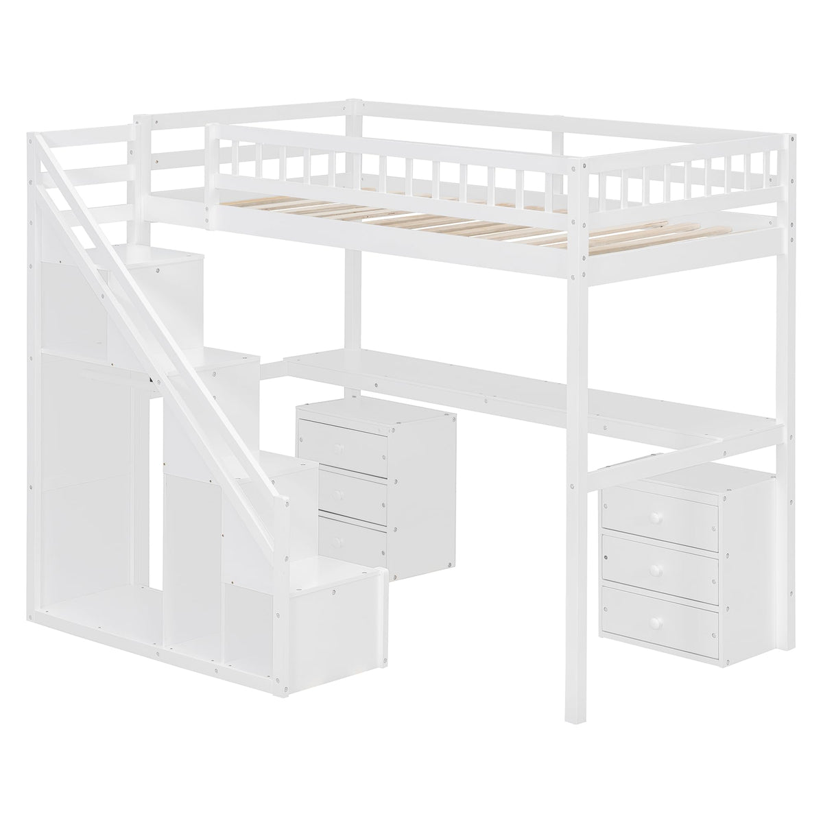 Bellemave Twin Loft Bed with Stairs and Shelves, Wood Loft Bed with Two Chest of Drawers, Wardrobe, LED for Kids, Teens, Adults, White