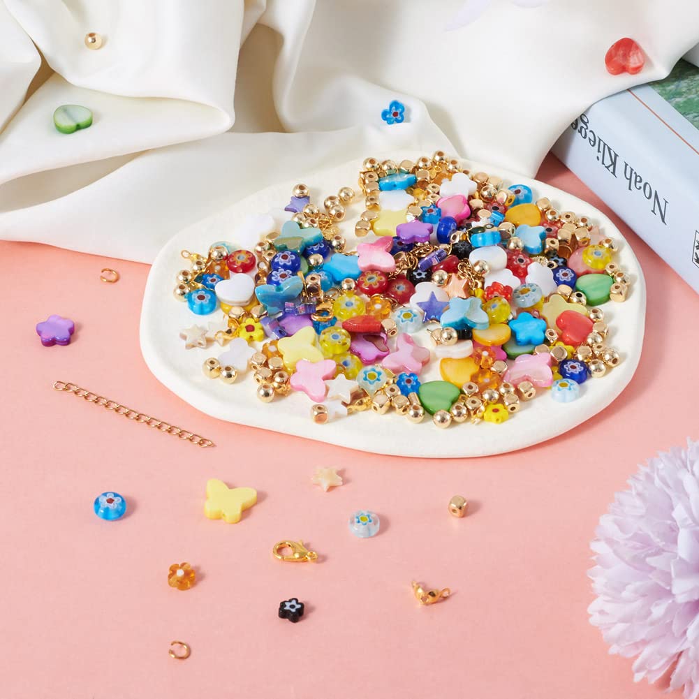 Fashewelry 402pcs Mixed Freshwater Shell Beads Bracelet Making Kit Mixed Color Heart Star Flower Butterfly Shape Natural Sea Shell Loose Beads for DIY Summer Beach Jewelry Necklace Earring Keychain
