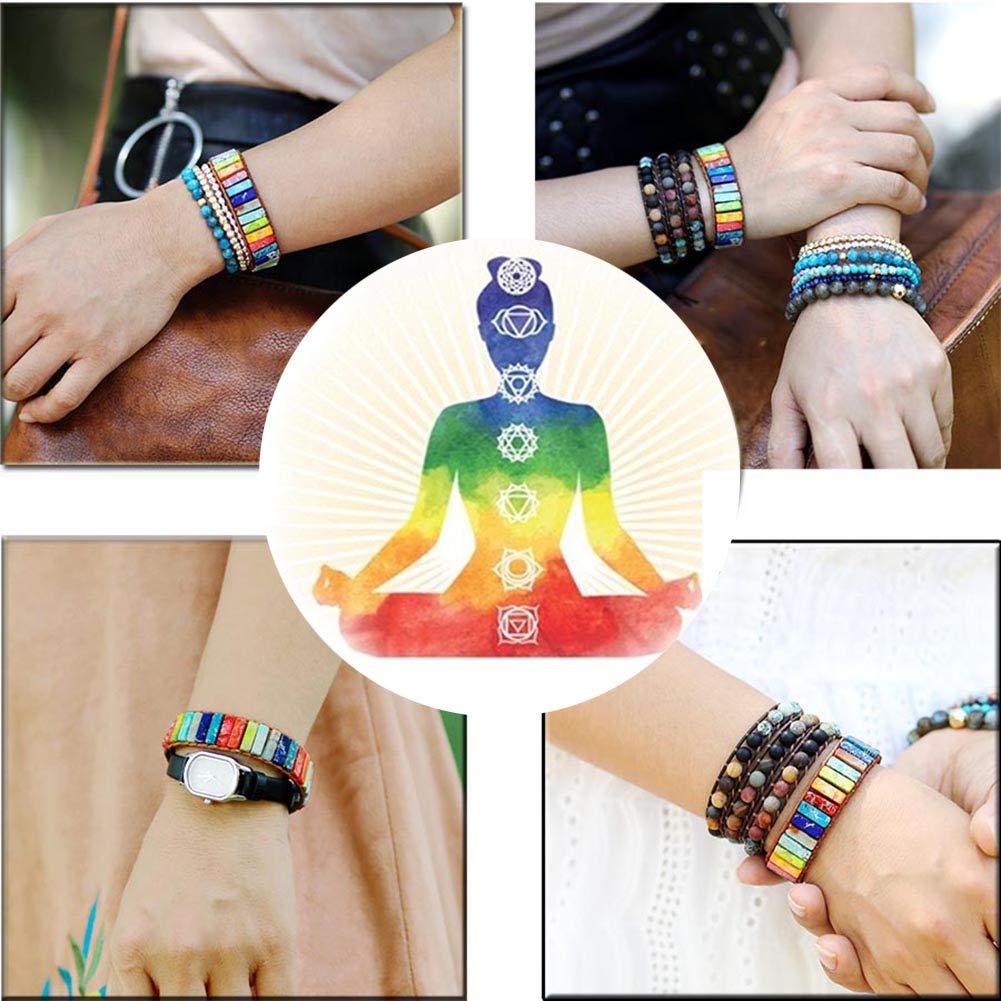 Fashion Gemstone Handmade Jewelry Multicolor Yoga Friendship Boho Leather Rectangle Stone Healing Sunflower Button Wrap Bracelet