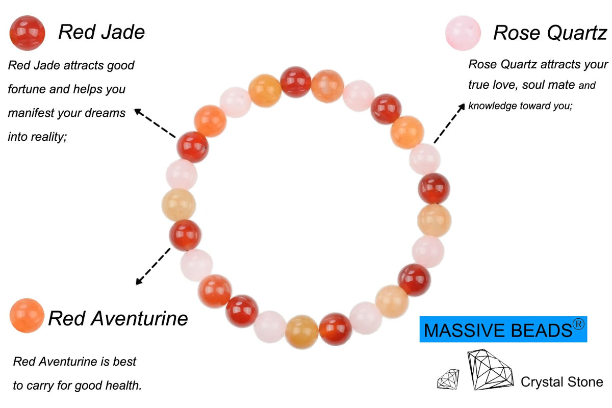 MASSIVE BEADS Rose Quartz Red Jade Red Aventurine - Dream Comes True Handmade Handmade Yoga Stretch Elastic Bracelet Natural Stone Crystal Healing Power Energy Gifts for Unisex Adult 4mm