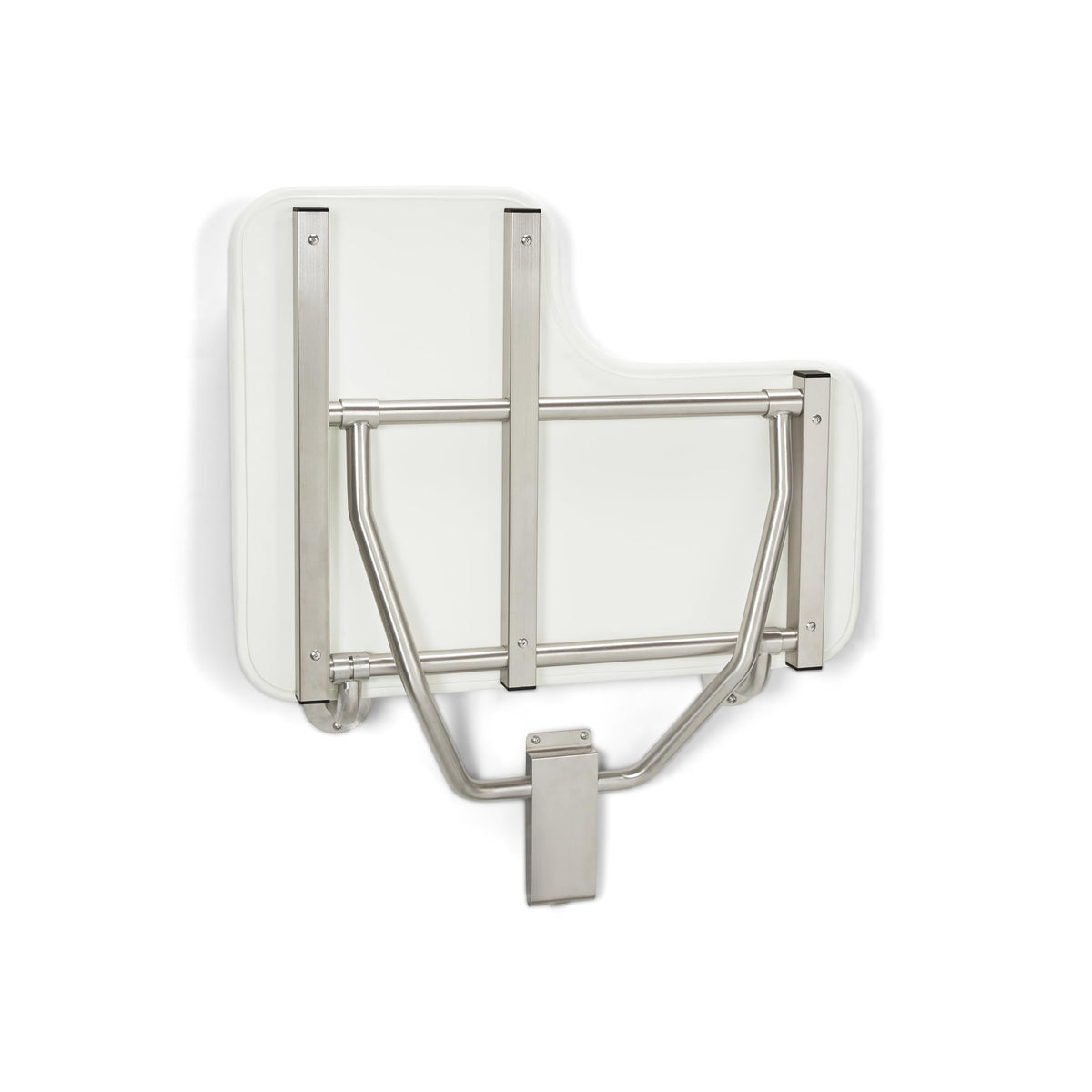 Seachrome Lift-Assist Shower Seat, L-Shaped Right-Hand, ADA, Wall Mount, Padded White Naugahyde
