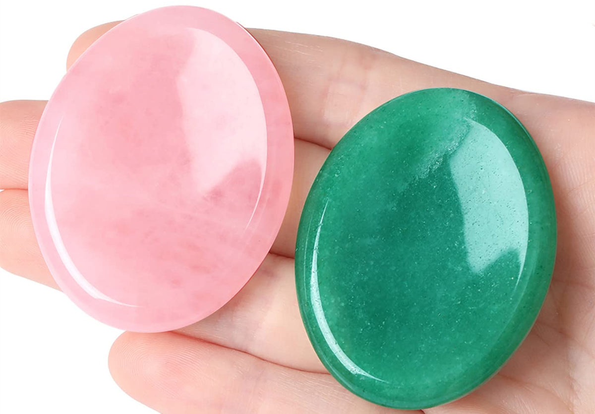 QINJIEJIE 2PCS Thumb Worry Stone for Anxiety Healing Crystals Sets Rose Quartz Crystals Green Aventurine Hand Carved Gemstone Oval Pocket Meditation Crystal Palm Stone Anxiety Relief Items