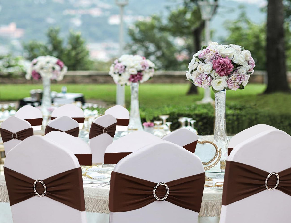 JFDYDM Brown Chair Sashes 50 Pack, Spandex Brown Chair Bows Bands with Buckle Slider for Folding Chairs Wedding Party Birthday Decor, Chair Ties