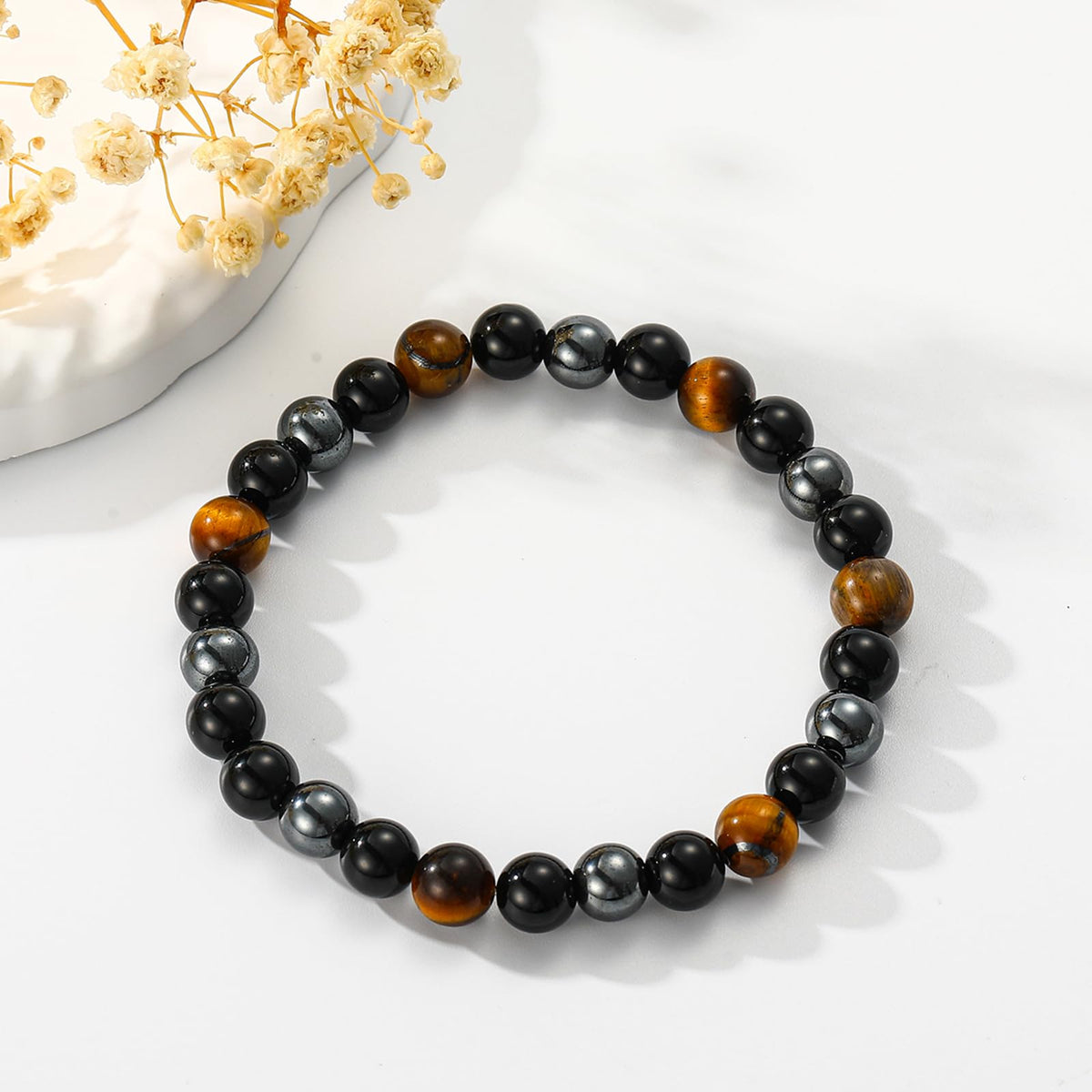 Gnamy Bracelet Gifts for Women, Triple Protection Healing Crystal Beaded Bracelets Hematite Black Tourmaline Tigers Eye Natural Worry Stones Anxiety Healing Birthday Easter Basket Stuffers Jewelry Presents for Her Adults Mom