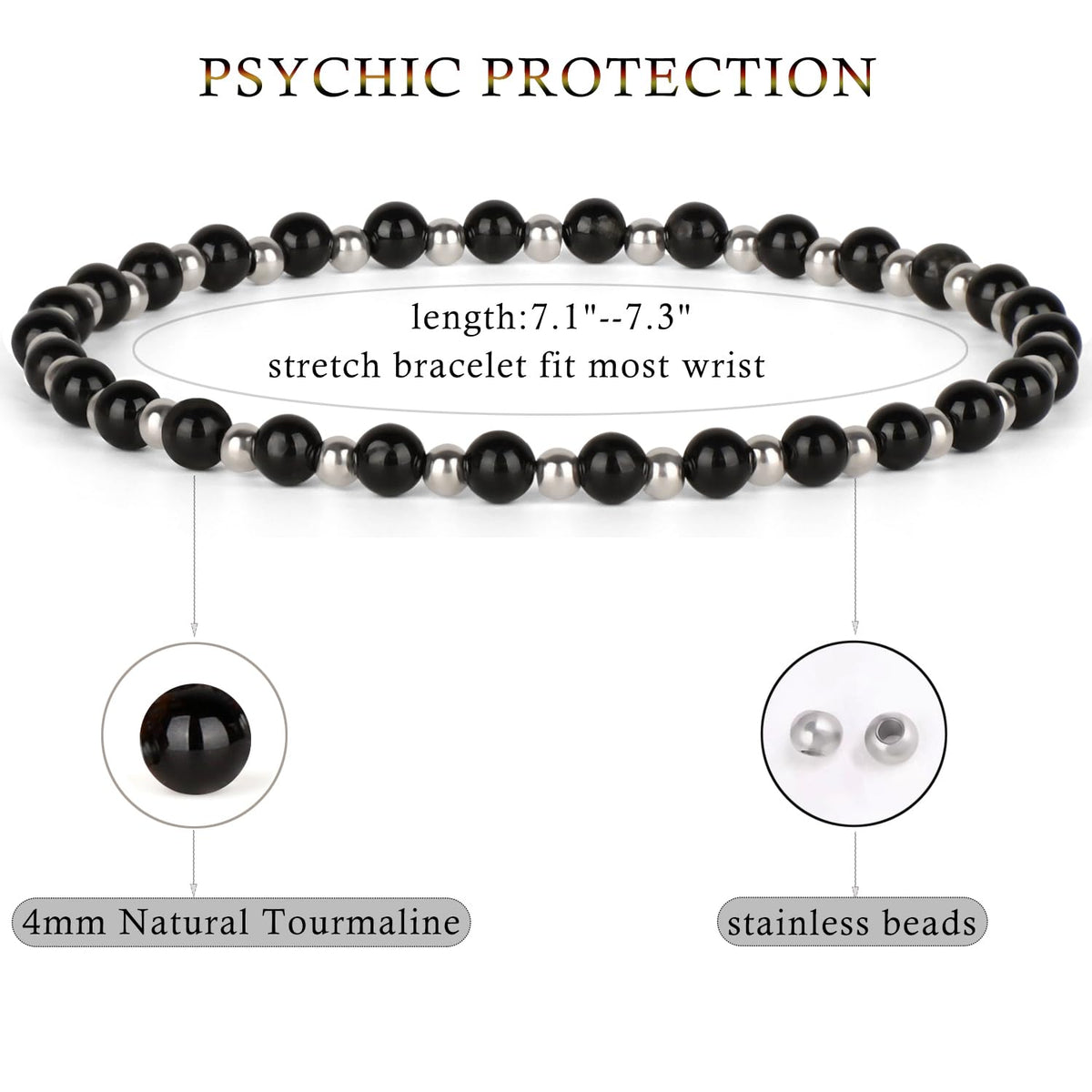 QOGIR Black Tourmaline - Psychic Protection - Stainless Silver Beads Natural Gemstone Stretch Elastic Dainty Healing Beaded Bracelets Gifts 4mm
