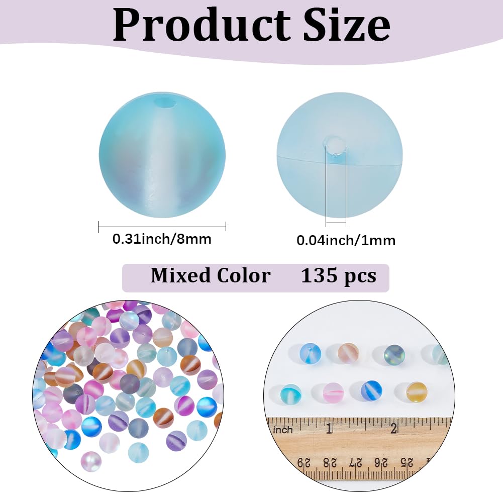 PONABEADIY 1 Box 135PCS 8MM Rainbow Round Moonstone Beads with Holes Blue Pink Green Orange Matte Assorted Gemstone Stone Spacer Loose Bead Bulk for Jewelry Making Necklace Bracelet DIY Craft Supply