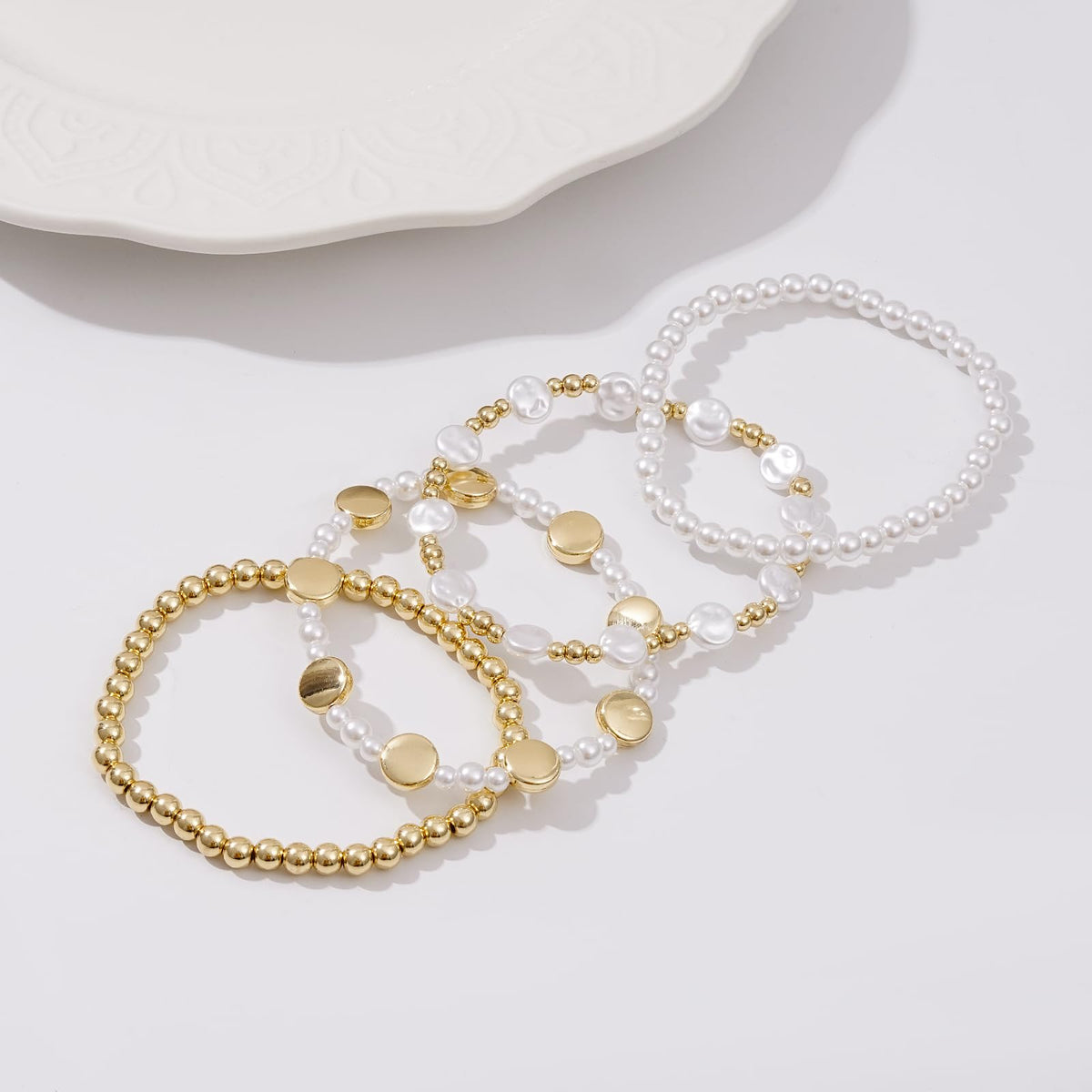 Sajidos Gold Plated Beaded Bracelets for Women Trendy, 14K Gold Plated Stack Cross Pearl Gold Plated Bead Stretch Bracelets Set Elastic Hypoallergenic Bracelets Jewelry Gifts