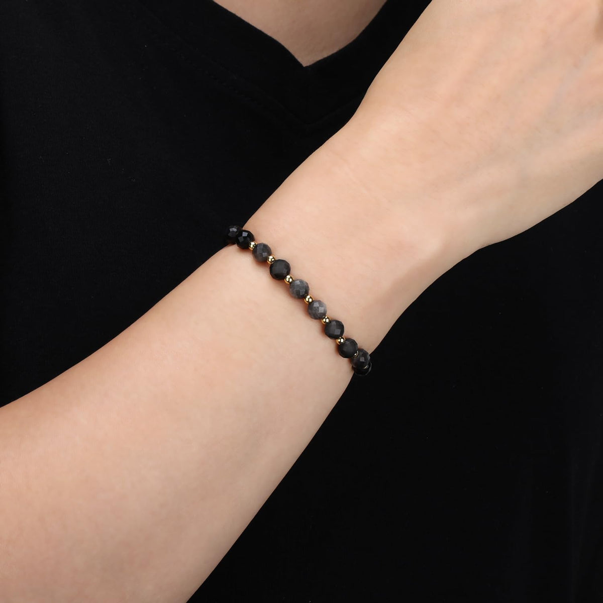 QOGIR Silver Obsidian - Fortune and Strength - 14K Gold Plated Beads Natural Gemstone Stretch Elastic Dainty Healing Beaded Bracelets Gifts 6mm