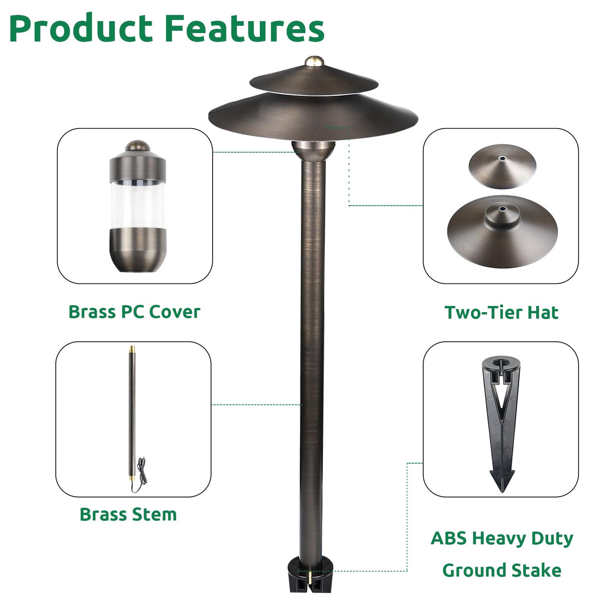 DOSHINE® Solid Brass Low Voltage Landscape Lighting Pathway Lights (8.25" Shade, 22" Tall) with Replaceable 3W G4 LED Bulb 3000K AC/DC 12V and Ground Stake for Outdoor Walkway Driveway (DOU, 6-Pack)