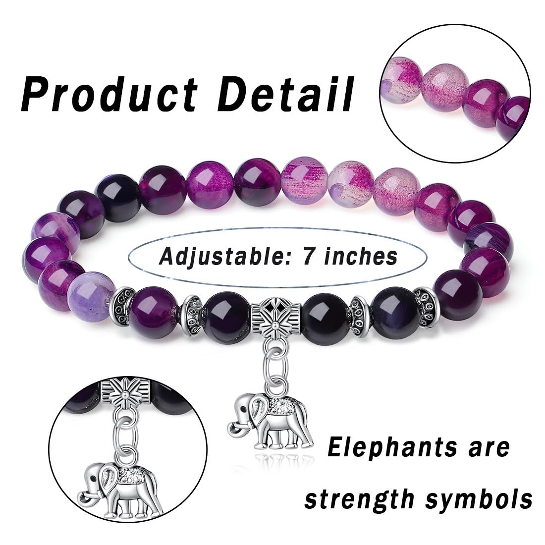 MAIBAOTA Elephant Bracelet for Women Beaded Bracelets for Women Stretch Bracelets Strength Bracelet Strength Gifts for Women Elephant Jewelry for Women 8 mm Natural Purple Beaded Bracelets