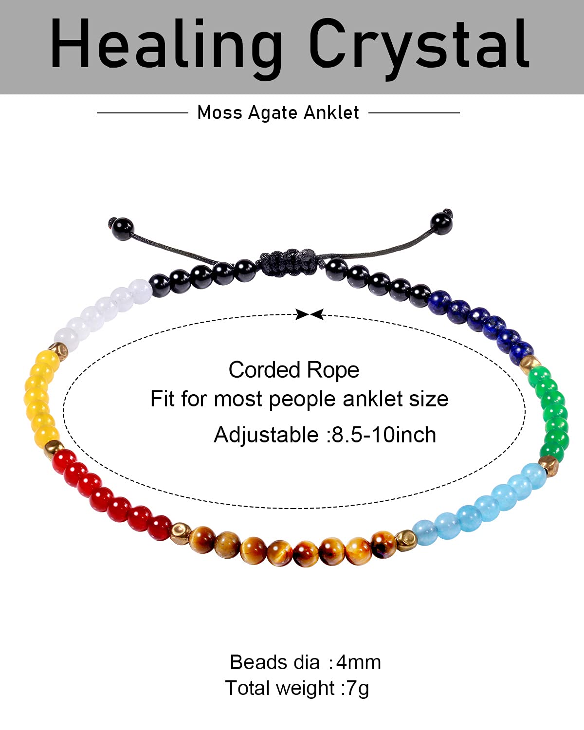 Jewever 7 Chakra Anklet Bracelet For Women Beach Foot Energy Healing Gemstone and Crystals Yoga Worry Stone Balancing Meditation